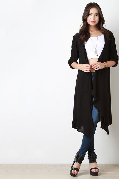 Crinkle Quarter Sleeves Open Front Longline Cardigan