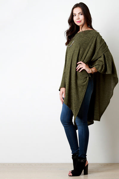 Loose Knit Asymmetrical Pleated Poncho Top