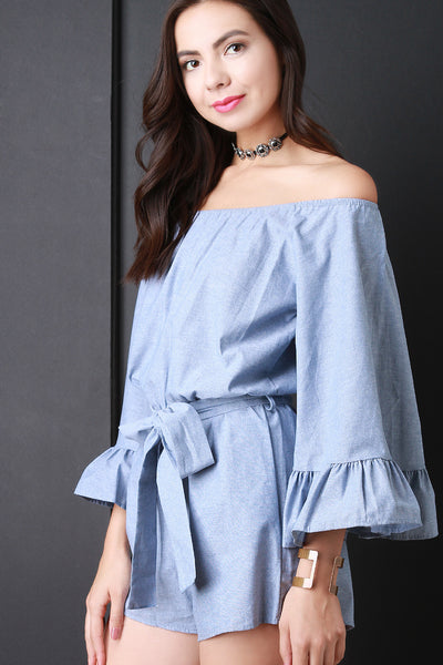 Chambray Ruffle Sleeve Bardot Romper