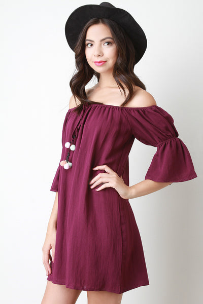 Off The Shoulder Pom Pom Tassel Shift Dress