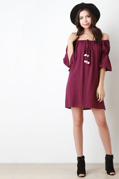 Off The Shoulder Pom Pom Tassel Shift Dress