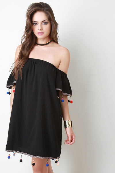 Pom Pom Trim Off The Shoulder Shift Dress