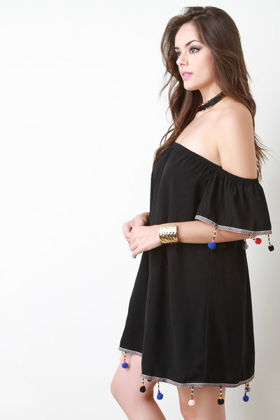 Pom Pom Trim Off The Shoulder Shift Dress