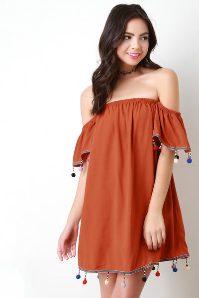 Pom Pom Trim Off The Shoulder Shift Dress