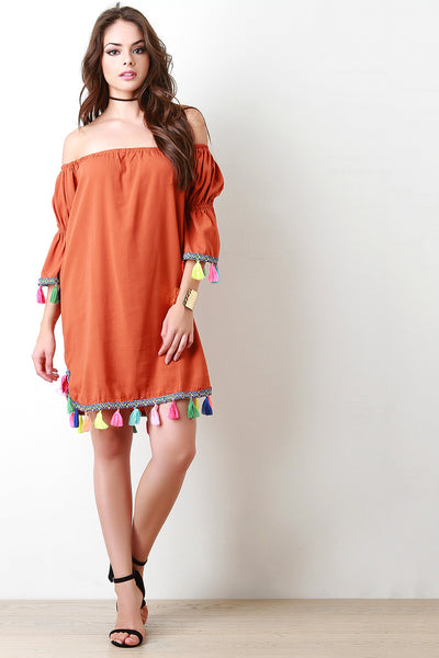 Neon Tassel Trim Off The Shoulder Shift Dress