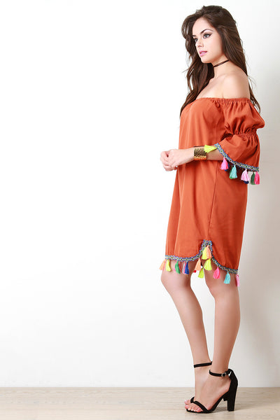 Neon Tassel Trim Off The Shoulder Shift Dress