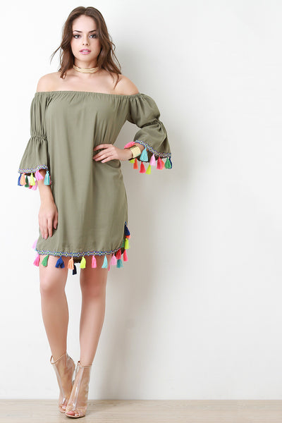 Neon Tassel Trim Off The Shoulder Shift Dress