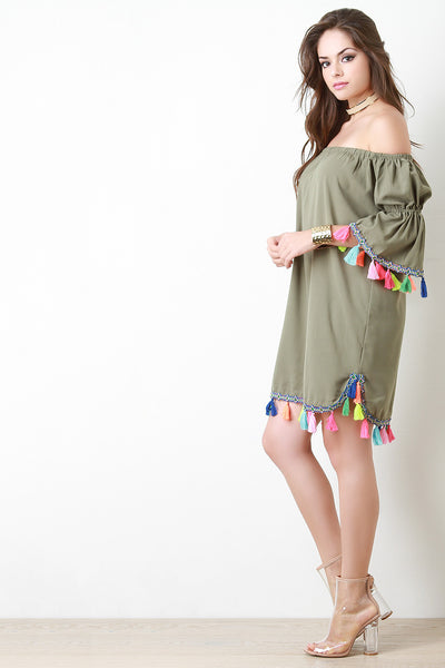 Neon Tassel Trim Off The Shoulder Shift Dress