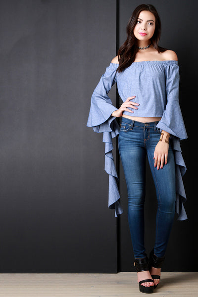 Chambray Ruffle Bell Longsleeve Bardot Crop Top