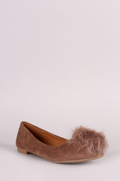 Vegan Suede Furry Pom Pom Ballet Flat