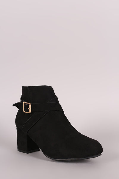 Bamboo Suede Crisscross Buckle Strap Block Heeled Booties