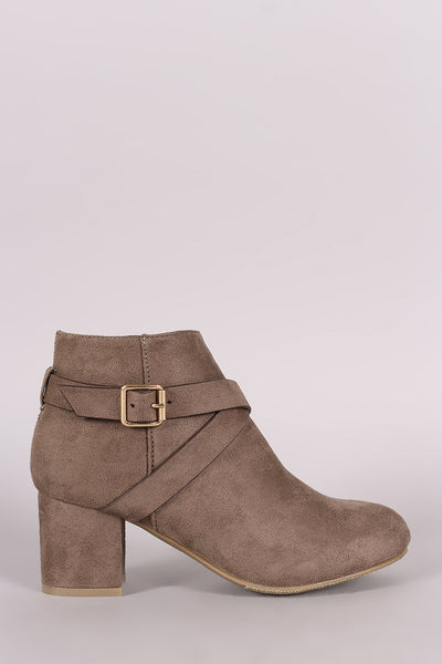 Bamboo Suede Crisscross Buckle Strap Block Heeled Booties