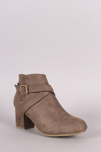 Bamboo Suede Crisscross Buckle Strap Block Heeled Booties