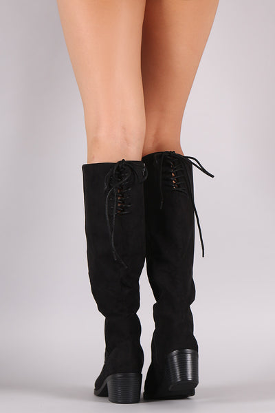 Bamboo Suede Back Lace Up Block Heeled Knee High Boots