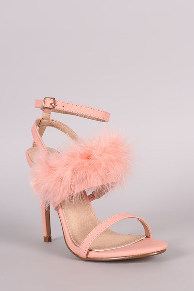 Feather Embellished Ankle Strap Open Toe Heel