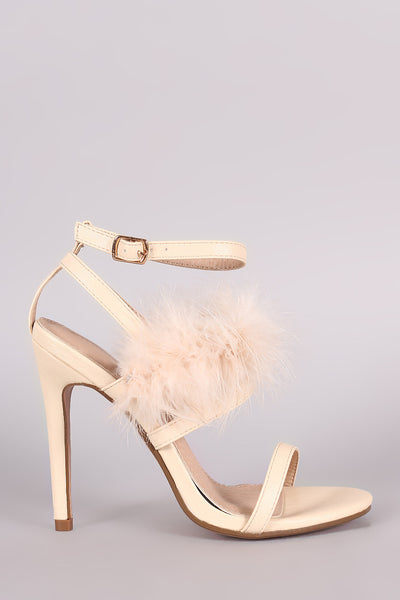 Feather Embellished Ankle Strap Open Toe Heel