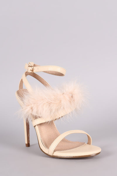 Feather Embellished Ankle Strap Open Toe Heel