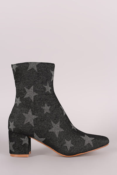 Star Print Denim Blocked Heeled Ankle Boots