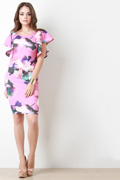 Simple Flowers Boat Neck Ruffle Sleeves Dress