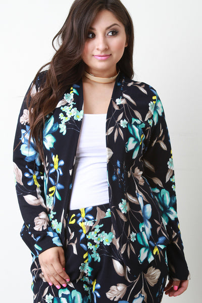 Textured Floral Open Front Collarless Blazer