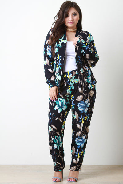 Textured Floral Open Front Collarless Blazer