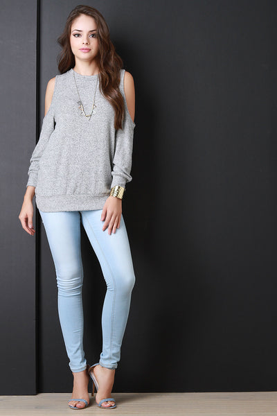 Marled Knit Cold Shoulder Sweater Top