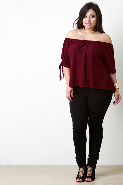 Off The Shoulder Self-Tie Elbow Sleeves Top