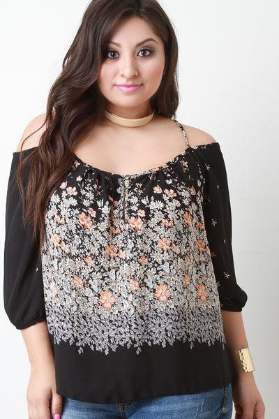 Cold Shoulder Floral Print Boxy Top