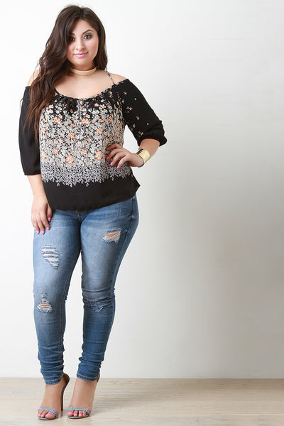 Cold Shoulder Floral Print Boxy Top