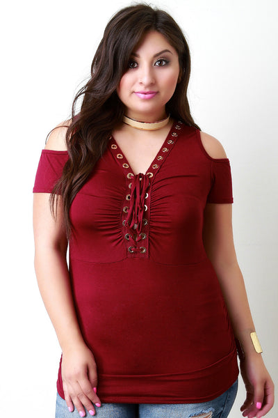 Lace Up V-Neck Eyelet Trim Cold Shoulder Top