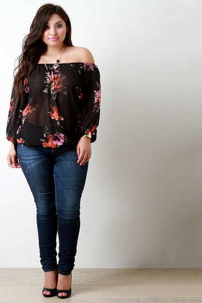 Off The Shoulder Chiffon Rosette Necklace Top