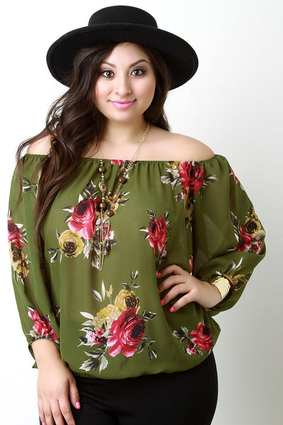 Off The Shoulder Chiffon Rosette Necklace Top