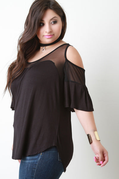 Mesh Yoke Cold Shoulder Diamond Choker Top