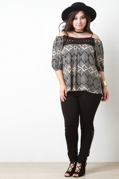 Printed Woven Crochet Yoke Cold Shoulder Top