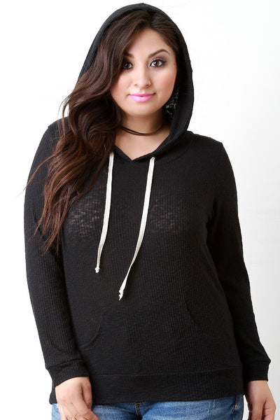 Distressed Rib Knit Longsleeve Hoodie Top