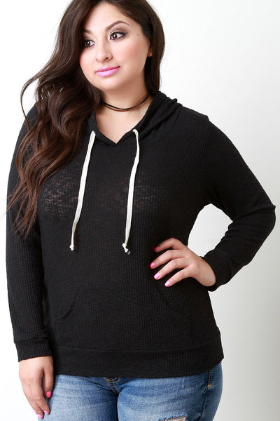 Distressed Rib Knit Longsleeve Hoodie Top