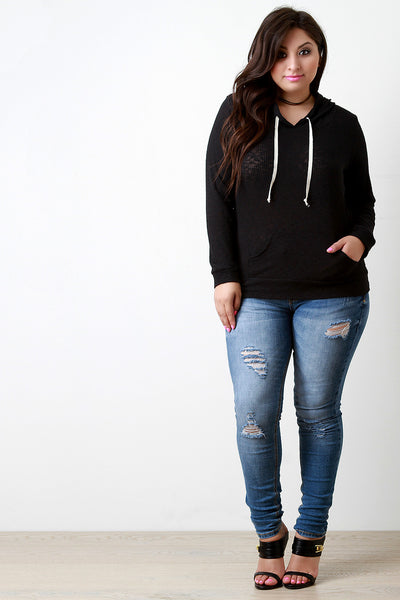 Distressed Rib Knit Longsleeve Hoodie Top