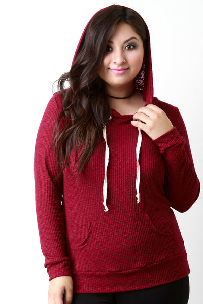 Distressed Rib Knit Longsleeve Hoodie Top