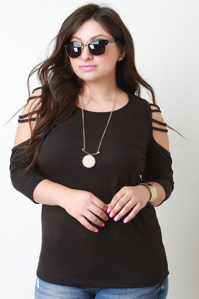 Rib Knit Strappy Cold Shoulder Quarter Sleeve Top