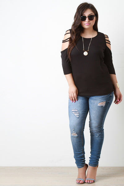 Rib Knit Strappy Cold Shoulder Quarter Sleeve Top