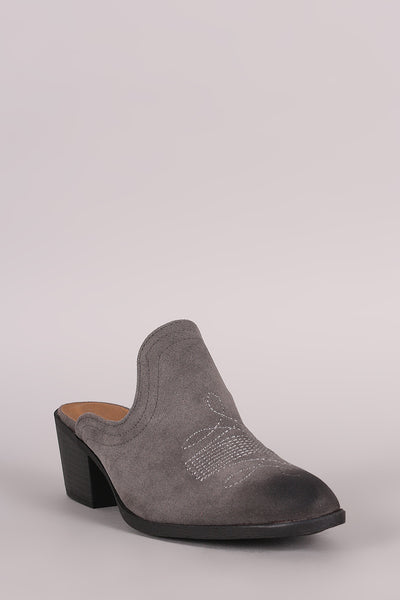 Qupid Suede Embroidery Mule Blocked Heel