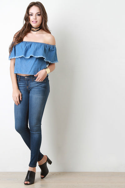 Denim Off-The-Shoulder Ruffle Crop Top