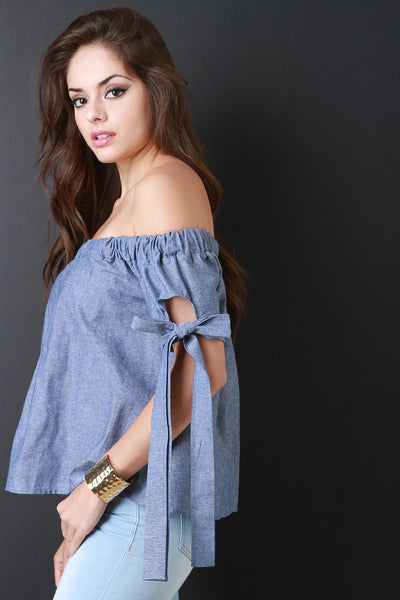 Chambray Self-Tie Bow Sleeves Bardot Top