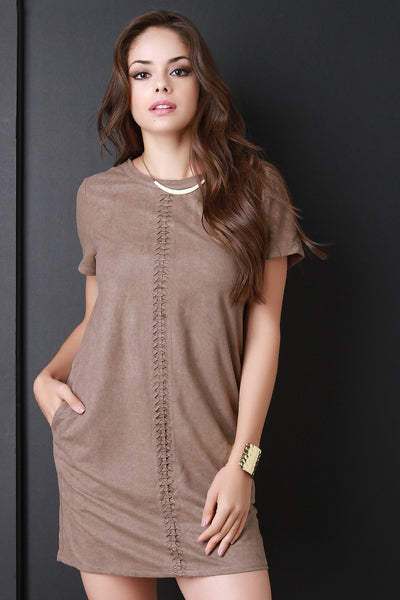 Woven Detail Suede Shift Dress