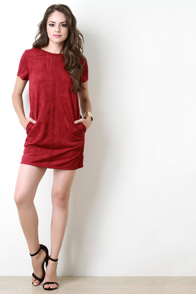 Woven Detail Suede Shift Dress