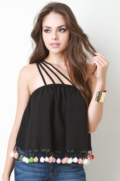 Strappy One Shoulder Pom Pom Top