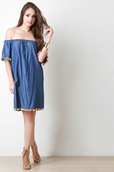 Chambray Pom Pom Bardot Dress