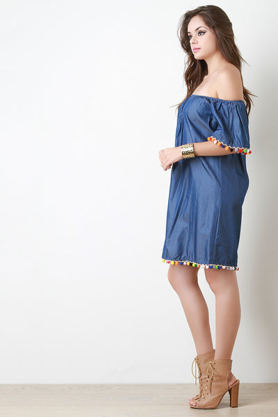 Chambray Pom Pom Bardot Dress