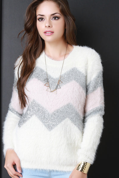 Fuzzy Knit Metallic Chevron Sweater