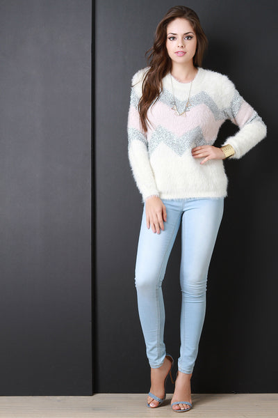 Fuzzy Knit Metallic Chevron Sweater